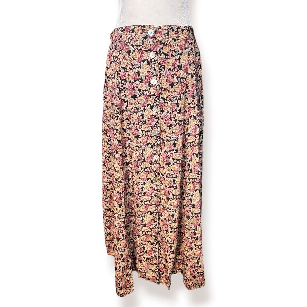 Vintage Dark‎ Floral Button Front Flowing Midi Skirt Fairy Cottagecore Romantic